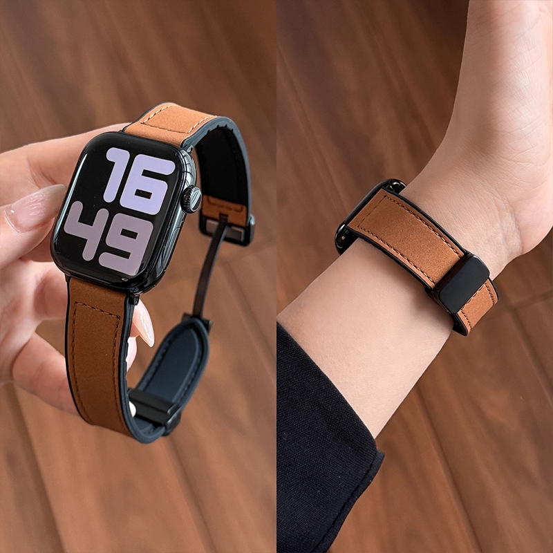 适用苹果S11表带疯马纹折叠磁吸iWatch10轻奢秋冬9/8款男女折叠磁吸7运动智能6/5/4棕色ultra1/2/3