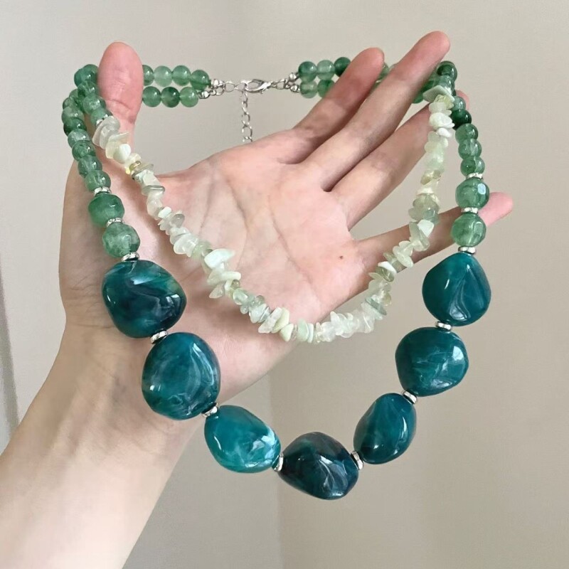 中古vintage双层不规则碎石项链复古宫廷风气质个性百搭项饰绿