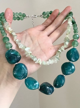 中古vintage双层不规则碎石串珠项链复古宫廷风气质个性百搭项饰