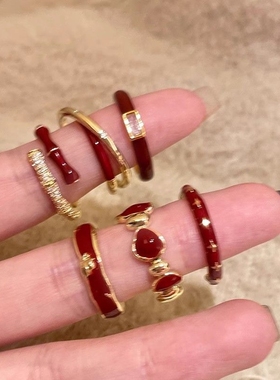 红色安可拉滴釉戒指女款轻奢ins小众设计高级感复古显白食指戒指