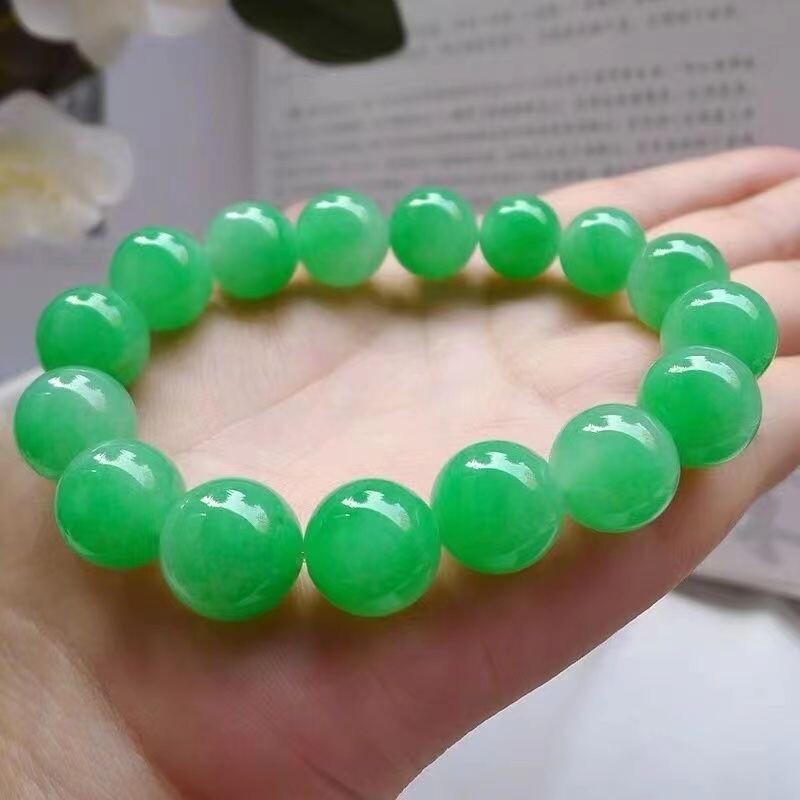 爆款仿冰种翡翠手链大圆珠手串辣绿珠子珠链满绿高端珠子男女款图片