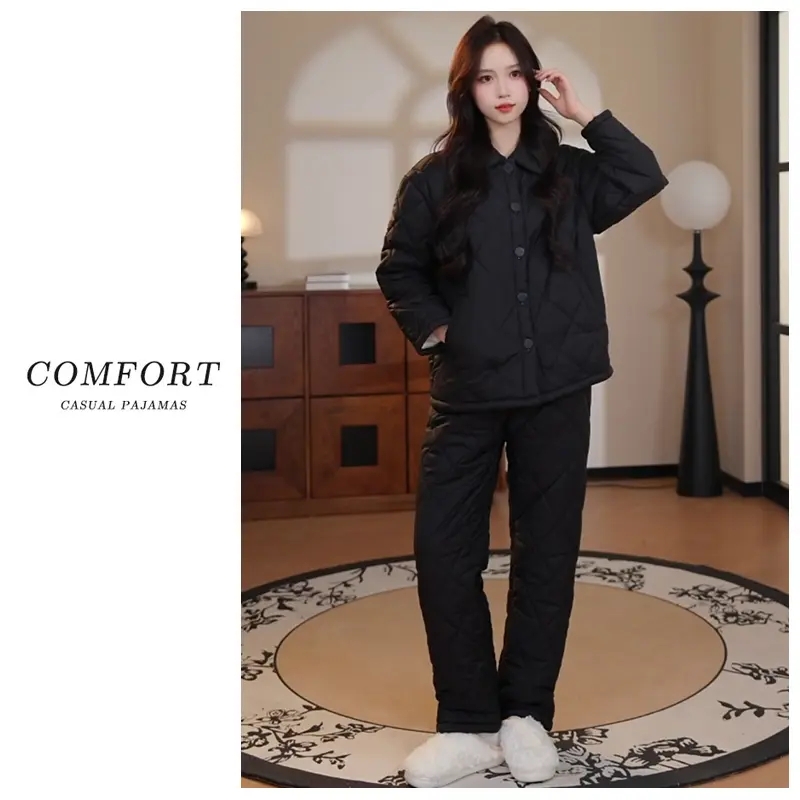 珊瑚绒睡衣女秋冬季三层夹棉加厚