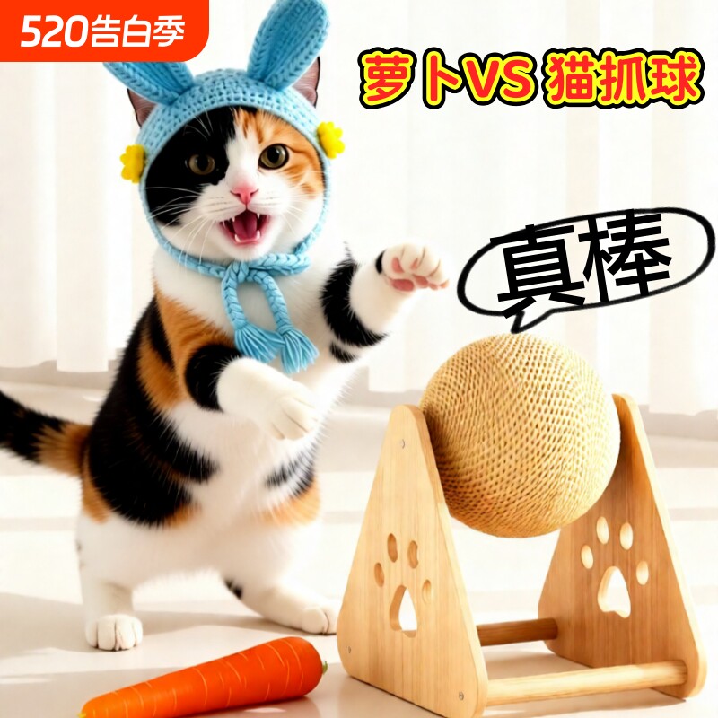 剑麻立式球类不掉屑新款自嗨玩具实木球笼猫抓球猫咪用品自嗨玩具