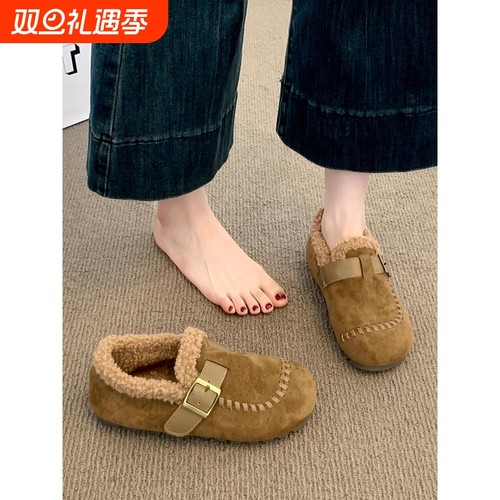 加绒勃肯鞋女2025秋冬季新款厚底一脚蹬懒人豆豆鞋毛毛乐福棉鞋子