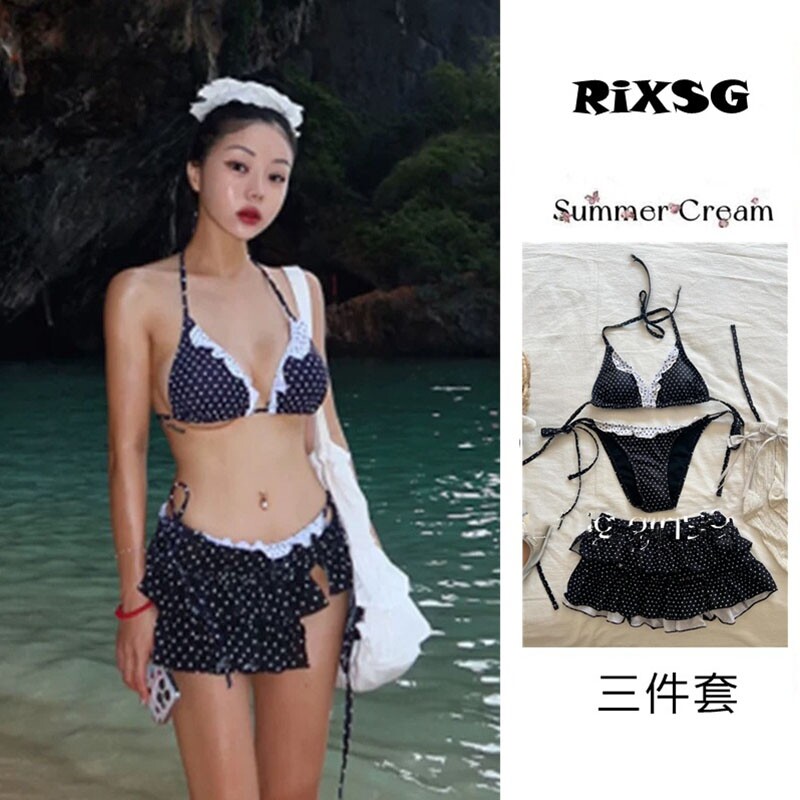 比基尼泳衣女2025聚拢性感绑带小胸可爱波点分体裙式泳衣度假温泉