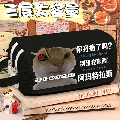 歪嘴小猫meme笔袋大容量学生男孩搞怪抽象表情包多功能文具铅笔盒