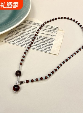 琥珀松林棕绿串珠吊坠项链小众复古设计秋冬锁骨链项链