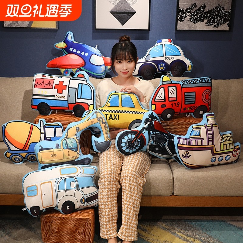 交通工具抱枕玩具布娃娃礼物儿童男孩警车消防车挖土机儿童节警察