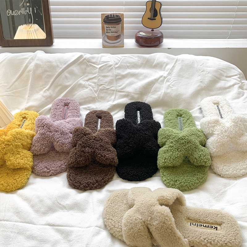 复古法式一字棉拖鞋女外穿2025新款秋冬高级感舒适平底孕妇毛毛拖