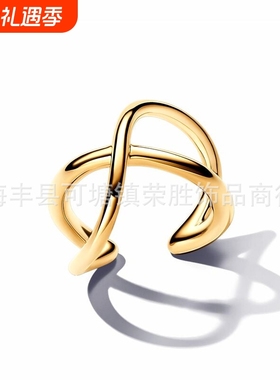 潘家多拉S925纯银黄金色叠戴符号交缠戒指珍珠开口戒指对戒戒指
