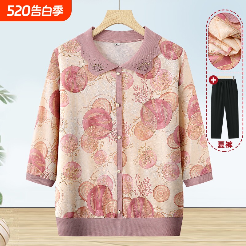 老人衣服夏季七分袖T恤妈妈夏宽松上衣奶奶洋气冰丝中老年女小衫