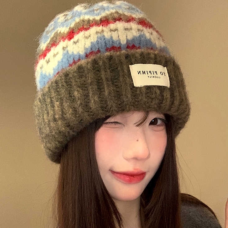复古氛围感针织毛线帽女秋冬宽松大头围冷帽保暖护耳帽显脸小帽子