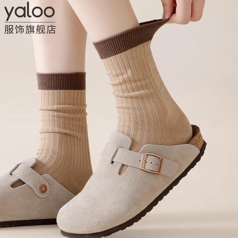 雅鹿袜子女秋冬纯棉袜美拉德女士堆堆袜复古条纹长筒袜    多规格