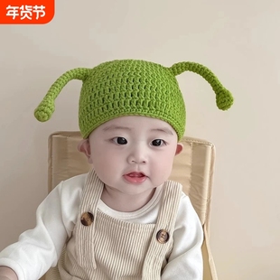 搞怪亲子儿童毛线帽男女宝宝帽子秋冬季手工针织套头帽潮绿色编织