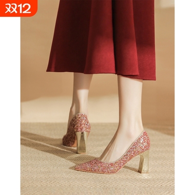 法式婚鞋女2025新款红色绝美新娘高跟鞋秀禾敬酒服水晶鞋粗跟尖头