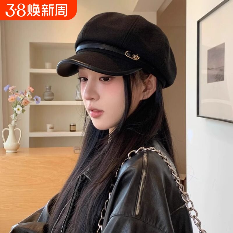 日系复古黑色鸭舌贝雷帽女休闲百搭显脸小八角云朵帽子白色英伦风