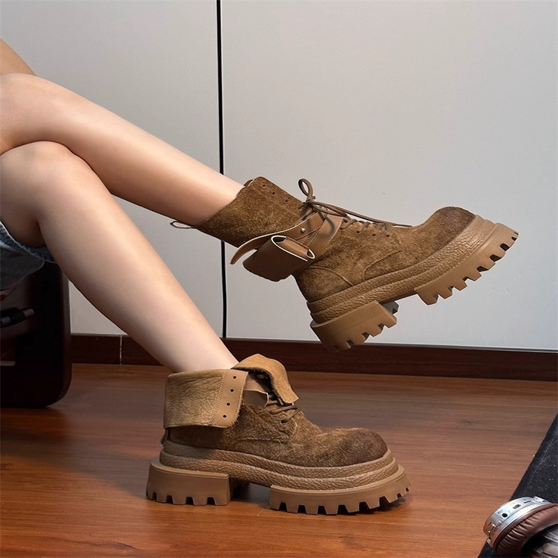 蔻孜磨砂真皮马丁靴女鞋2025秋冬新款加绒加厚机车靴大黄靴高跟