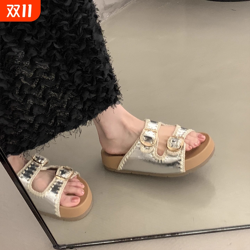 网红厚底勃肯拖鞋女夏外穿2025新款女鞋子银色百搭爆款休闲凉拖鞋