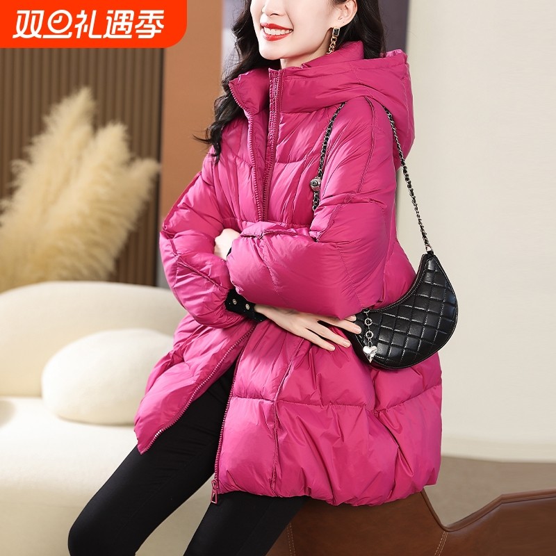 户外羽绒服女冬季2025年新款高端洋气连帽加厚白鸭绒外黑色紫色