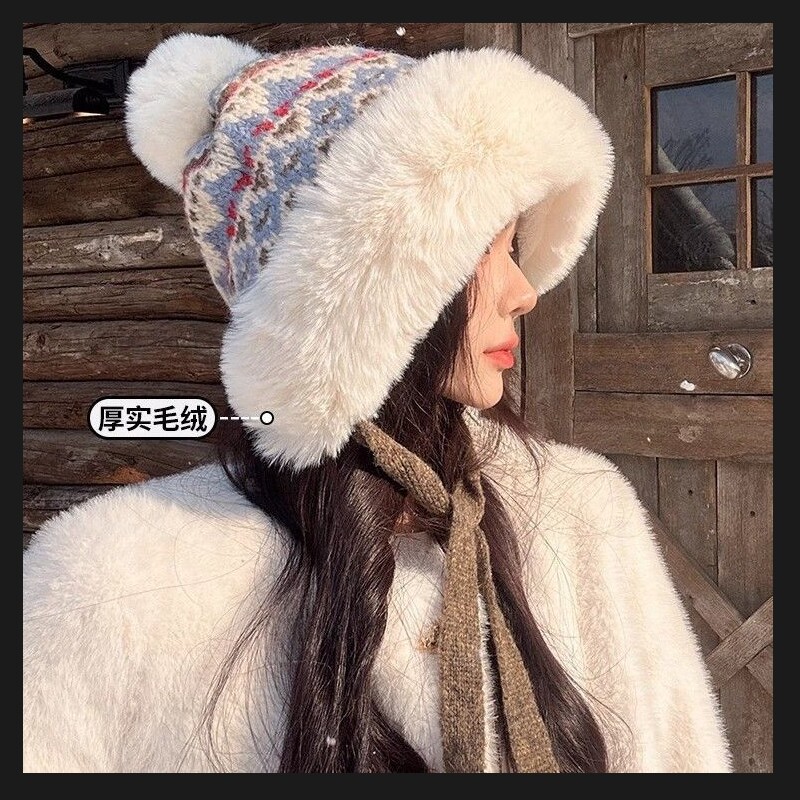 帽子女冬季针织护耳帽加绒毛绒加厚保暖防风复古时尚防寒雷锋帽子