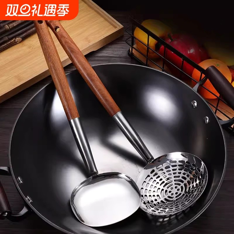湘西长柄苗族圆形加厚不锈钢全套锅铲家用厨房大漏勺老款老式锅铲