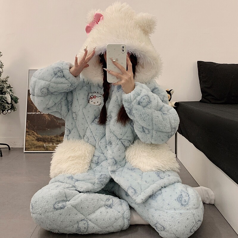 HelloKitty睡衣女冬季珊瑚绒三层夹棉加厚加绒2025新款保暖家居服