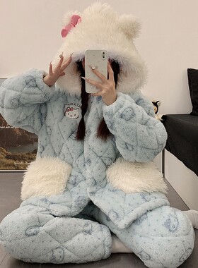 可爱kt猫睡衣女款秋冬季三层夹棉