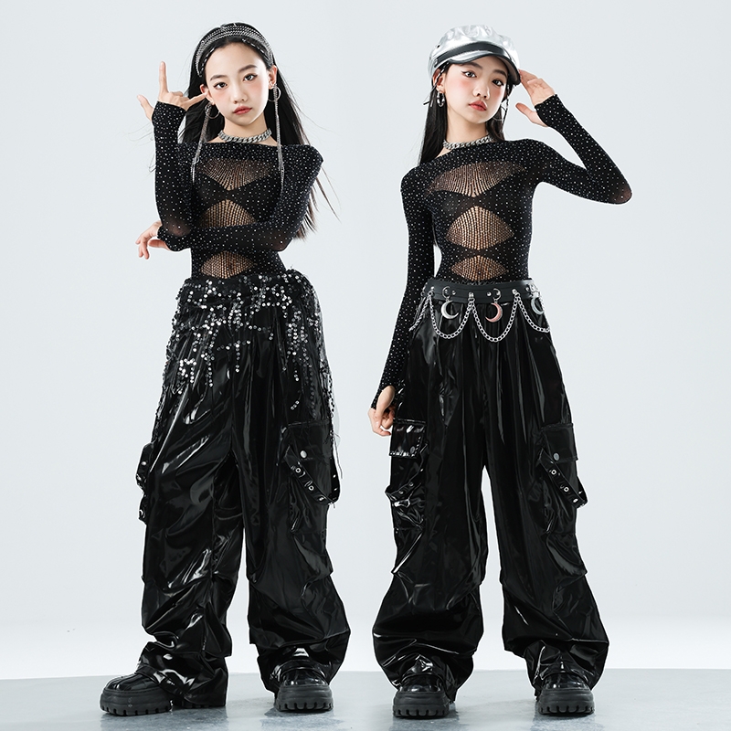 少儿爵士舞服装露脐网纱上衣皮裤套装jazz女童街舞潮服六一演出服