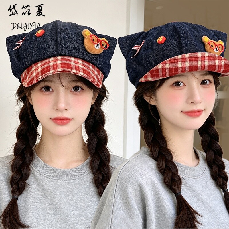 日系甜美可爱小熊鸭舌帽子女秋冬季户外出游百搭显脸小八角贝雷帽
