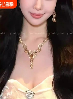 千金琉璃~金色水滴项链女轻奢名媛耳环夸张晚宴礼服配饰花朵镀金