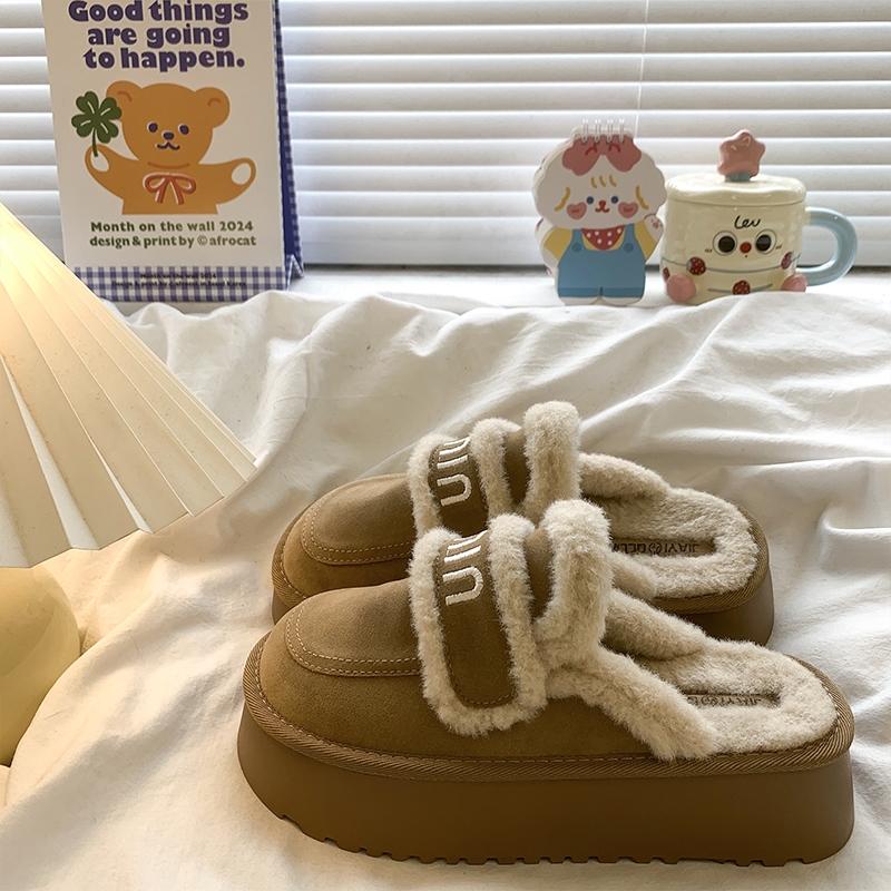 包头毛毛棉拖鞋女秋冬外穿2024新款厚底加绒复古一脚蹬勃肯半拖鞋