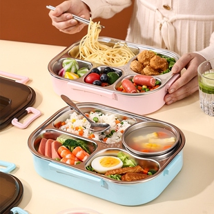 学生餐盒304不锈钢上班族保温便携式饭盒盖子塑料外壳三格五格