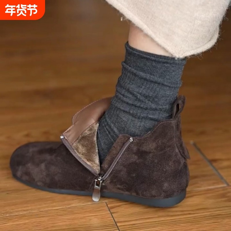 羊皮版~复古加绒保暖马丁靴女2025新款平底皮带扣侧拉链勃肯短靴,女鞋,马丁靴,淘宝优惠券,粉丝福利购,淘宝优惠卷