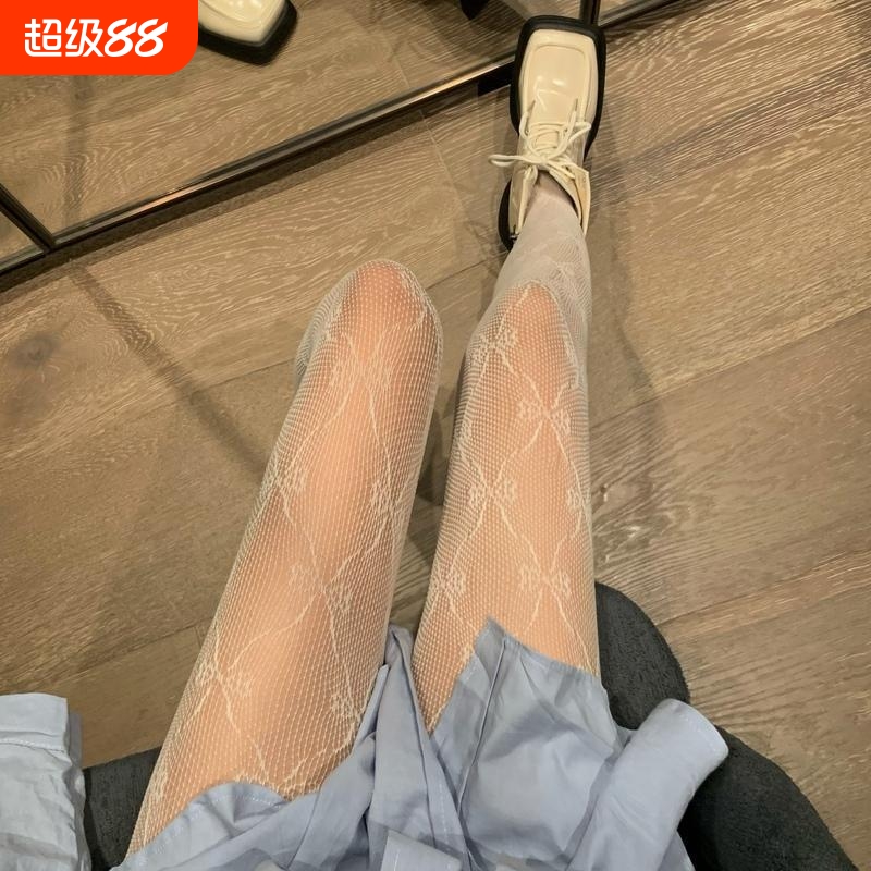 蝴蝶结白色丝袜女纯欲秋季2025防勾丝提花袜子蕾丝网袜连裤袜薄款