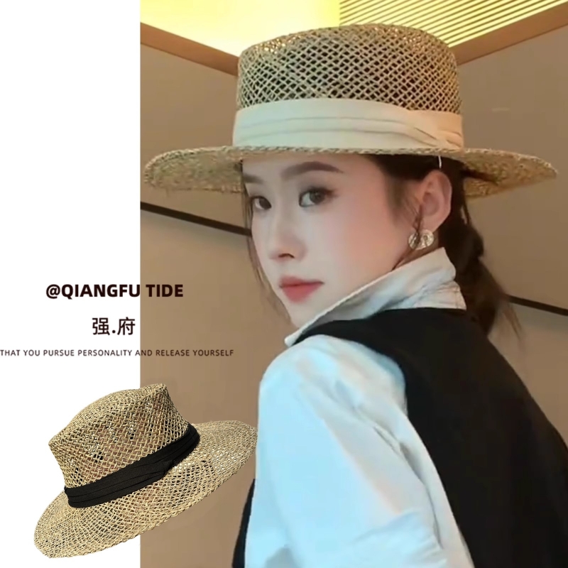 韩国ins草编网红平顶礼帽子女欧美风英伦时尚出游度假镂空遮阳帽