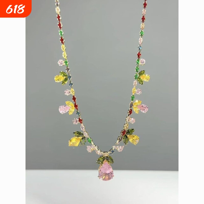 跨境新款彩色锆石花朵叶子水滴吊坠项链耳环套装轻奢重工锁骨链女