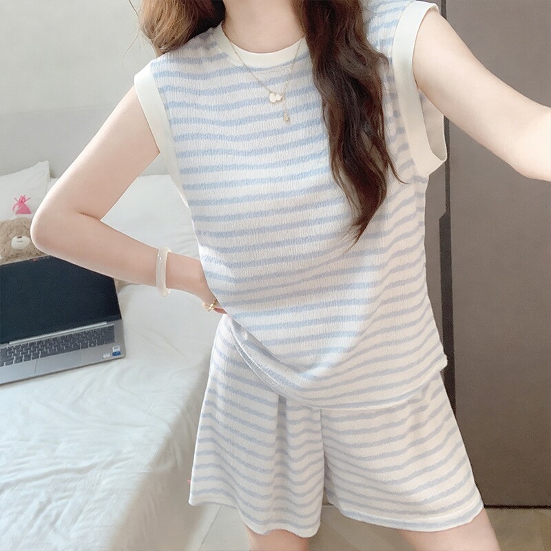 莫代尔睡衣女款2026新款夏季带胸垫无袖背心条纹女士家居服可外穿