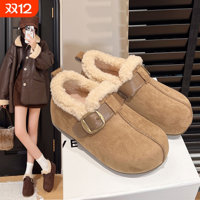 全包勃肯鞋女2025年冬季新款复古一脚蹬厚底内增高雪地靴保暖棉鞋