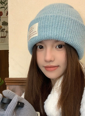 韩版蓝色针织帽子女2026新款秋冬