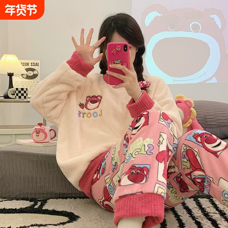 法兰绒睡衣女款秋冬季加绒加厚可爱粉冬款珊瑚绒家居服套装派大星
