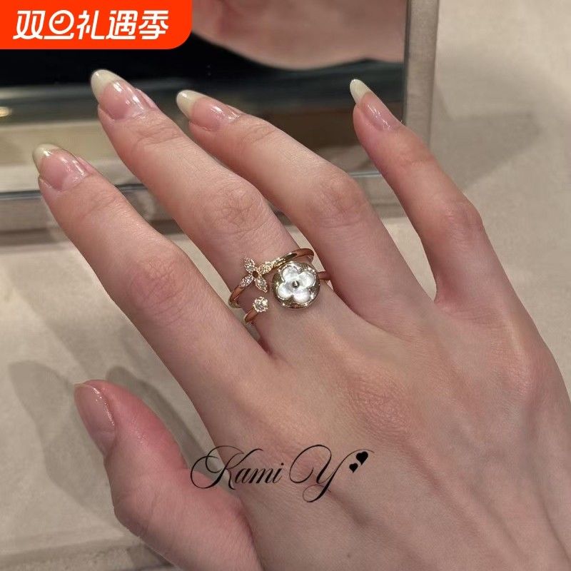 轻奢高级感闪钻白色四叶花开口戒指女时尚气质小众设计感百搭指环