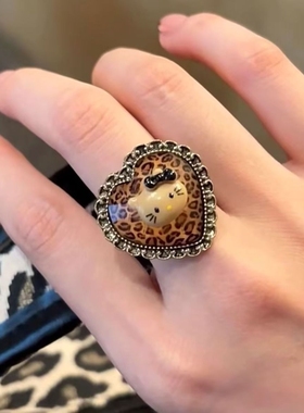 复古kitty豹纹戒指桃心豹纹个性气质戒指2026新款小众设计感戒指