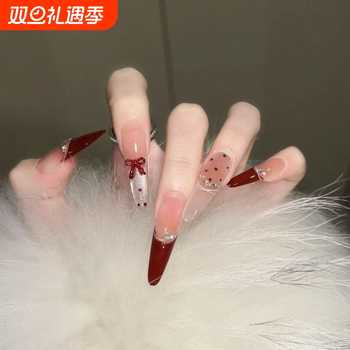 秋冬显白波点法式穿戴甲新款长款美甲贴片红色椭圆粉色酒红带钻