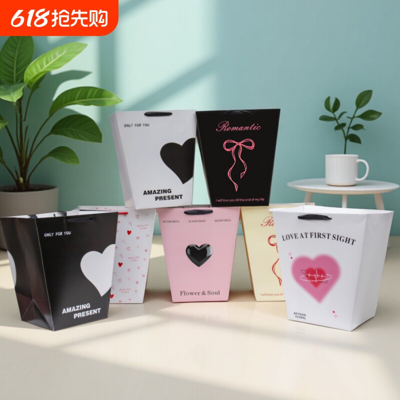油画T形鲜花手提袋高级礼品袋生日礼物包装袋梯形花束礼袋蝴蝶结