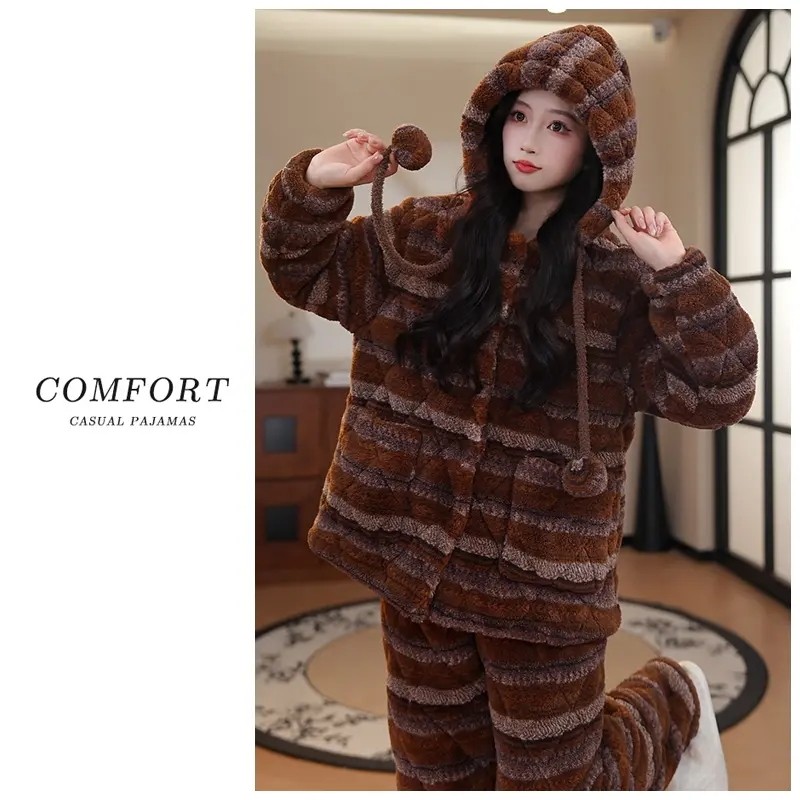 三层夹棉睡衣女款秋冬季2025新款珊瑚绒加厚学生冬天可外穿家居服