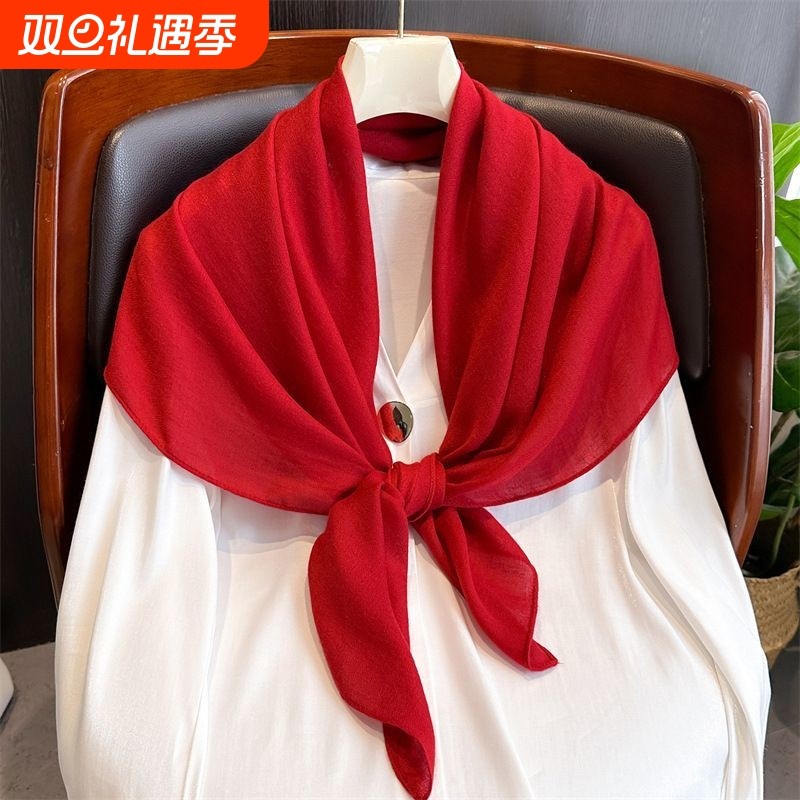 2025秋季围巾女棉麻纯色亚麻90*90小方巾三角巾装饰披肩红色
