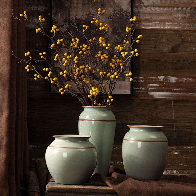 景德镇汝窑青釉花瓶新中式陶瓷摆件干花插花玄关酒柜客厅装饰品