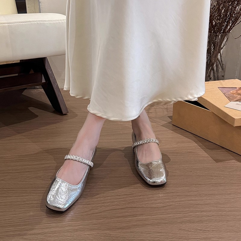 法式夏秋高跟鞋粗跟中跟单鞋女2025新款银色玛丽珍小皮鞋礼服女鞋