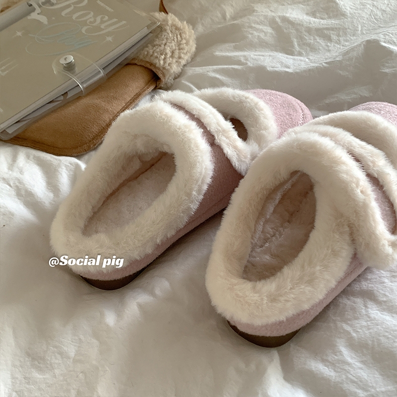 韩系穿搭@~加绒糯糯玛丽珍棉鞋女秋冬半拖鞋毛毛鞋勃肯鞋毛绒米色