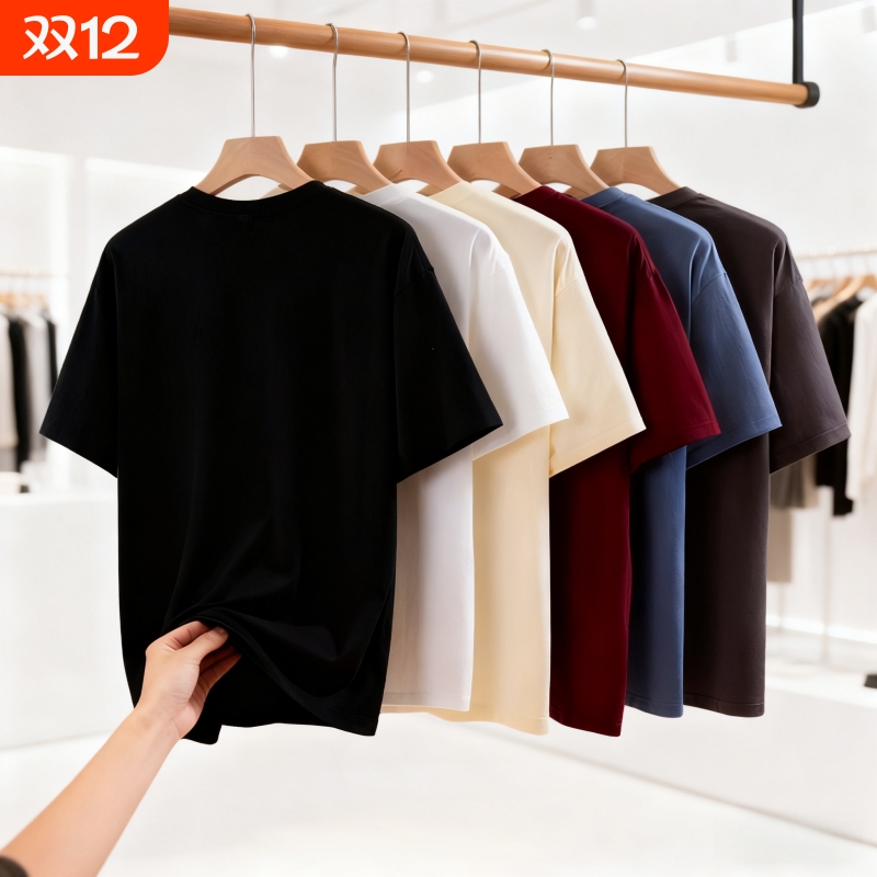 男士短袖t恤百搭新款夏季宽松白色圆领纯色潮流简约上衣体恤打底